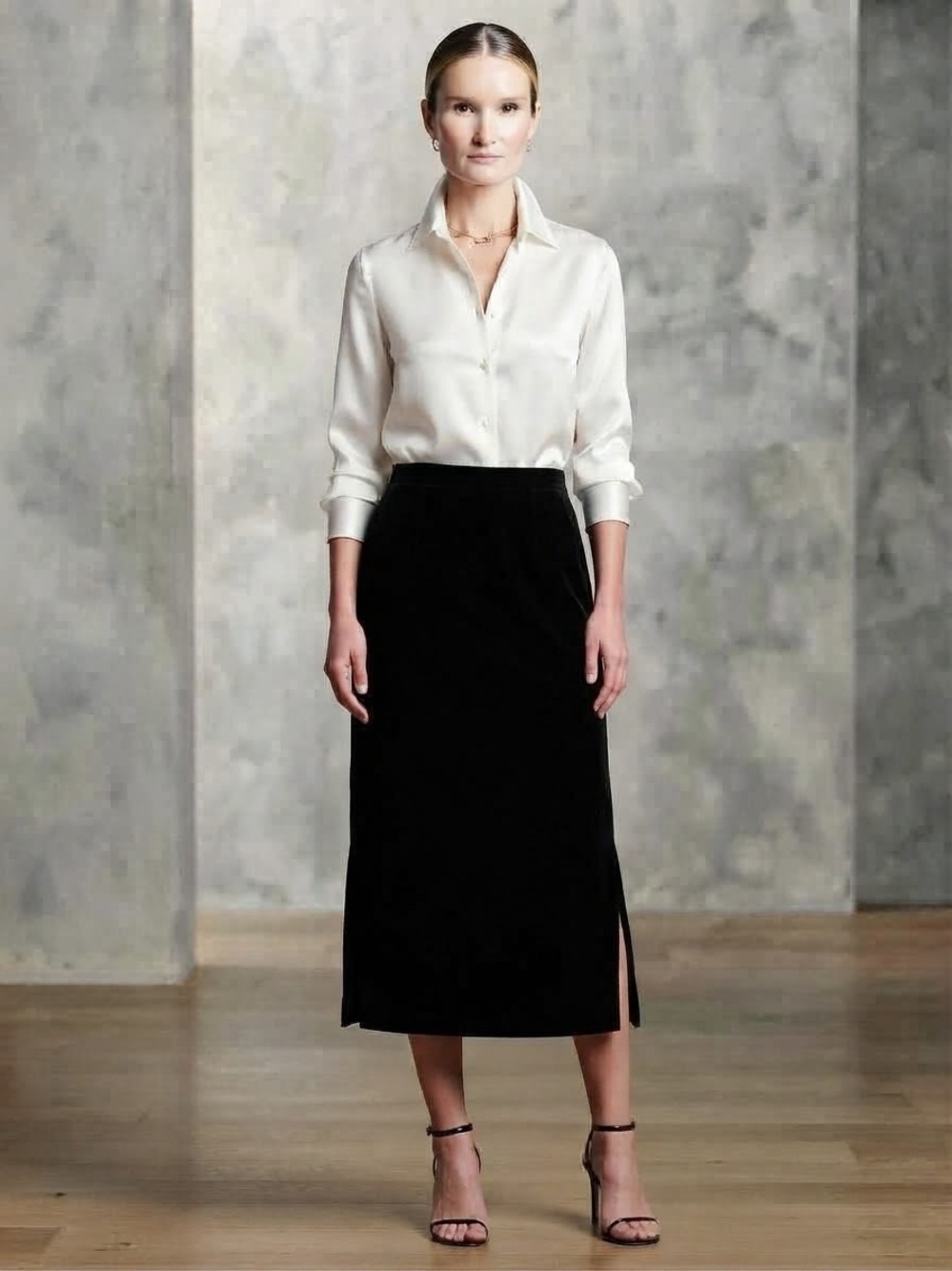 Clio Black Velvet Midi Skirt Size M with Side Slit